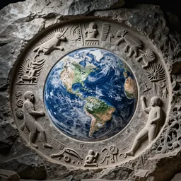 the moon crashing into the earth, in style of a prehistoric rock carving