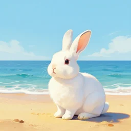 rabbit, beach, serene, happy, artwork, acrylic paint, dichromatism, post processing