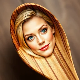 a wooden spoon with reese witherspoons face on it, reese witherspoon face, macros shot, hyper realistic