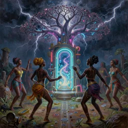 african women dancing around a glowing, energized, steampunk neon portal near the electric tree of life in a lightning storm, by alan kenny, evgeni gordiets, dan mumford, and amanda sage. oil on canvas, detailed and intricate environment, dim lighting, rim lighting. highly detailed. masterpiece