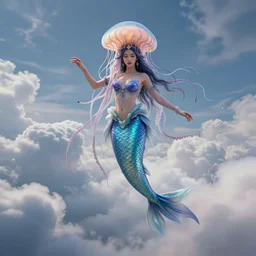 Full body photo of the most beautiful goddess, she has a jellyfish head and a siren body, some tentacles are touching her, she flying to heaven through the cumulus clouds, by Tooth Wu, trending on Artstation, digital art, symmetrical artwork, cinematic, hyper realism, high detail, octane render, 4k, 8k