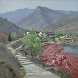 a gorgeous bleak spring landscape painting by barlowe wayne maxfield parrish and marco mazzoni. china mountain village. grey blue and very little light verdancy. the winding stone steps. ultra clear detailed. 3 d, octane render. turbulent blood lake.