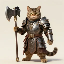 anthropomorphic cat in heavy armor wielding an broad-axe