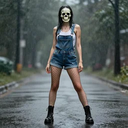 fully body pose, photo of a very beautiful!! skull woman, overalls, short shorts, fishnets, combat boots, wet t shirt, raining, 8 k, hdr, smooth, sharp focus, high resolution, award - winning photo, trending on artstation, dslr, 5 0 mm