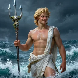 portrait of teenage poseidon standing in rough sea, greek, short curly blonde hair, mad smile, wearing a wet white sash, holding trident covered in barnacles and seaweed, intricate, elegant, crashing waves, storm, glowing lights, volumetric lighting, highly detailed, digital painting, artstation, concept art, smooth, sharp focus, illustration, art by wlop, mucha, artgerm, and greg rutkowski