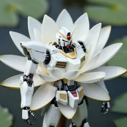 gundam with a realistic nymphaea waterlily head. waterlily biomechanical droid. floral power armor with waterlily helmet. cyril rolando, beeple. biomechanical, bandai box art, 8 k hd resolution, r / gunpla