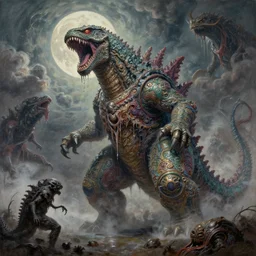 concept art of giant kaiju, japanese, roaring, melting horror, round moon, rich clouds, fighting the horrors of the unknown, mirrors, very detailed, volumetric light, mist, grim, fine art, decaying, textured oil over canvas, epic fantasy art, very colorful, ornate scales, anato finnstark