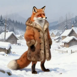 an anthropomorphic fox man wearing a long fur coat in a snowy village, his long tail dragging behind him, character illustration by greg rutkowski, thomas kinkade, Franz Xaver Winterhalter, William-Adolphe Bouguereau, Zhang Jingna