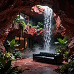 a futuristic apartment interior in the style of a red granite cave, single black leather couch, plants, waterfall, high ceiling, dark moody lighting, foggy atmosphere, 16mm lens, by craig mullins, octane rendering
