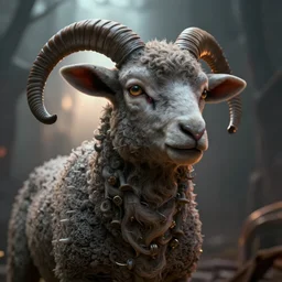 close up 3D render of an evil demonic lamb creating a cult to summon a elder god, photorealistic, dramatic backlighting