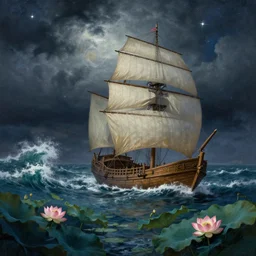 a real photographic landscape painting with incomparable reality, super wide, ominous sky, sailing boat, wooden boat, lotus, huge waves, starry night, harry potter, volumetric lighting, clearing, realistic, james gurney, artstation