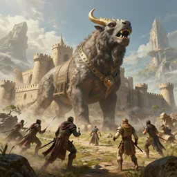 highly detailed portrait photo of huge Mûmakils, attacking a medieval fantasy fortress a scenic dystopian environment, hyperrealistic Illustration