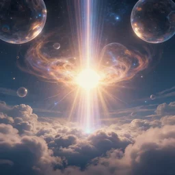 Cosmic inflation bubbles peaking through the clouds, ascended master floating in the center emitting rays of consciousness concept art, matte painting, 8k, highly detailed, artstation, light being, high quality,