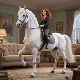 emma watson as hermione granger transforming into white horse in the middle of a living room, 3 d render
