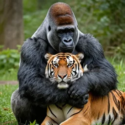 a Gorilla hugging a Tiger