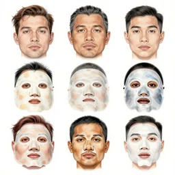 skin mask design, character sheet, Moebius, Greg Rutkowski, Zabrocki, Karlkka, Jayison Devadas, Phuoc Quan, trending on Artstation, 8K, ultra wide angle, zenith view, pincushion lens effect.