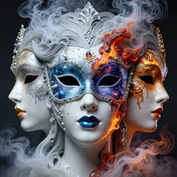 3 d goddess face portrait, face in the center. beautiful glossy intricate highly detailed venetian mask. ice, galaxy, lava, milk, flame, smoke, artwork by tooth wu and wlop and beeple and greg rutkowski, 8 k trending on artstation, volumetric lighting