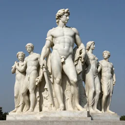 long shot photo of a soapstone Art Deco statue of ancient greek religion god Pan, sculped by Paul Landowski,Jean Dupas, Tamara de Lempicka, Reginald Marsh, Rockwell Kent, and Diego Rivera,long shot,wide shot,low angle,Sigma 85 mm f/1.4,very detailed,unreal-engine