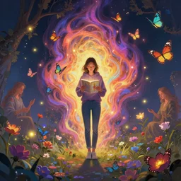 distant full long wide view shot. woman in a hoodie, jean pants, sneakers, reading tarot. butterflies, flowers, fireflies, spirits, digital painting, detailed, colorful aura, 8 k, trending on artstation, smooth, sharp focus artwork by mark arian, artgerm, mark keathley, greg rutkowski