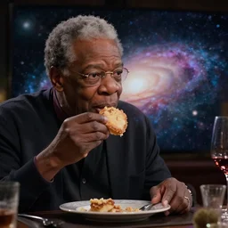 a cinematic still of neil degrasse tyson eating a galaxy, ((octane render, nvidia raytracing demo)), masterpiece, ((monster))