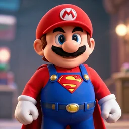 portrait of super mario as superman!!! in superman returns xbox 3 6 0, movie still, cinematic lighting, ray tracing, octane render, long lens, shallow depth of field, bokeh, anamorphic lens flare, 8 k, hyper detailed, 3 5 mm film grain