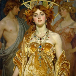 highly detailed oil painting of zarya, glowing skin, gold ombre velvet gown, greek scene, beautiful face by leyendecker, dozens of jeweled necklaces, by greg rutkowski, brom, anato finnstark, alphonse mucha, cinematic lighting,