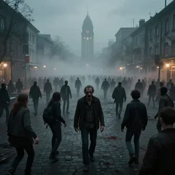 Dan Pietro plaza invaded by zombies, epic, mystery, dense fog dusk, highly detailed, cinematic, 8k