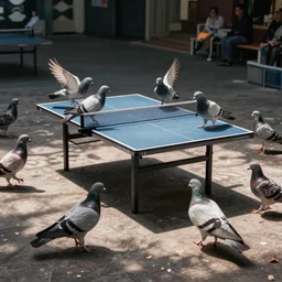 photography of pigeons playing table tennis, realistic, cinematic