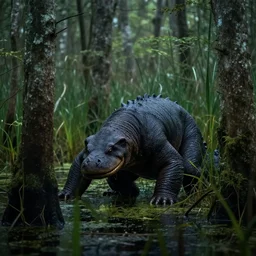 a swamp monster in a wooded bog, cinematic, wildlife photography, moody lighting