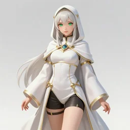 Pretty Female cleric, white robes, golden accents, black shorts, green eyes, extremely detailed face!, young, 2 arms and 2 legs!, shaped derriere, high fantasy, by Albert Aublet, Krenz Cushart, WLOP, Sakimichan