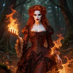 full body portrait of an evil female pyromancer in the woods, elegant victorian dress, very detailed face, white skin, red hair, red lipstick, blue eyes, fire everywhere, high fantasy, dnd, highly detailed, digital illustration, by artgerm, greg rutkowski, alphonse mucha