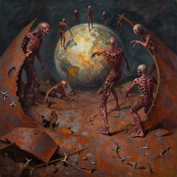 oil painting afraid of demon barbed footprints treads hooped around destroyed rust landscape in primoridal slimes marching patina planet in terrifying necrotized skins, cinematic, fine art, ornate masterpiece, by gunter von hagens and by alex nino