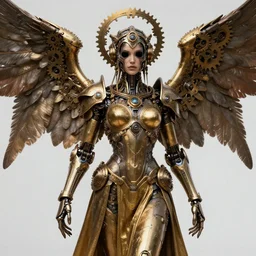 Steampunk Archangel, mechanical wings, gear halo, empty eyes, metallic bronze skin, golden tech robes, female looking, steampunk fantasy, extremely detailed, trending on artstation, realistic proportions