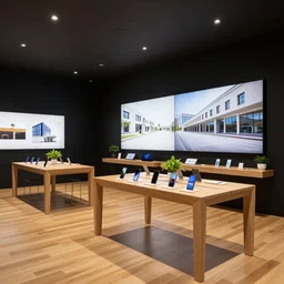 A flagship Samsung store. black  walls. timber floor. high ceilings with spots. wood  furniture with large digital screen. display tables with phones and tablets, pots with plants, digital screens on the walls, Architectural photography. 14mm. High Res 8K. award winning architectural design, inspired by Arne Jacobsen, Niels Otto Møller, Verner Panton, Scandinavian Design, Retaildesignblog.net, warm and happy, inviting