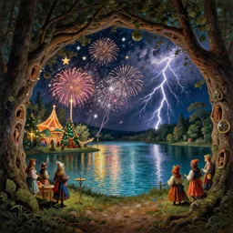 closeup of a night carnival around a magical in a summer storm, tree cavity with a music scenario with many fireworks and christmas lights, next to a lake with iridiscent lake water, volumetric lightning, folklore people disguised with fantastic creatures in a magical forest by summer night, masterpiece painted by canaletto, scene by dark night environment, refraction lights, five star stories