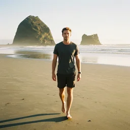 a film photo of a man, athletic, walking towards camera on an Oregon beach, facing camera, natural lighting, golden hour, well lit, Kodak gold 200 film, trending on instagram