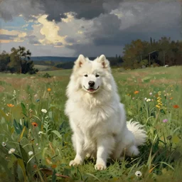 a samoyed dog sitting in the middle of sunny meadow, by Max Beckmann