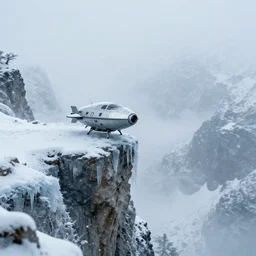 small spaceship on an icy cliff, blizzard, 8k, photorealistic, mountain