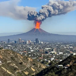 the view from runyon canyon overlooking los angeles as a huge volcano erupts beneath l. a.