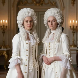 photograph of two women with 18. century white costumes and white big baroque curly wigs, standing  in a hall, candle light only