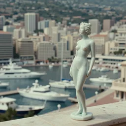beautiful hyperrealism three point perspective film still of monaco harbour scene in < zaha hadid > ( 1 9 5 3 ) extreme closeup in style of 1 9 9 0 s frontiers in translucent porcelain miniature architecctural photography dezeen edition, pointe posed porcelain model, tilt shift style scene background, soft lighting, kodak portra 4 0 0, cinematic style, telephoto by emmanuel lubezki