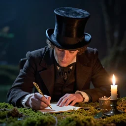 portrait of a writer in a top hat writes with a golden pen at a table overgrown with moss at night with candle, cinematic, fantasy style, epic lighting