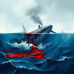 a watercolor painting of a whale bleeding on the ocean near a ship, 3 d render, hyper detailed, dark art, horror art, digital art, realistic painting, smooth effect, part by beksinski, part by carl gustav carus with red blood brushstrokes by swanland raymond.