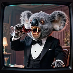 movie frame still from live action crazy koala with long and sharp fangs in a tuxedo drinking wine from a skull, 8 k, vhs glitch, old tv, ultra wide angle, zenith view, greg rutkowski, intrincate, highly detailed, ilm, oscar winning photography, grain, dramatic lighting, greg nicotero, horrifying movie, nightmare fuel, horror movie
