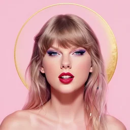 Woman masterpiece, portrait, Taylor Swift, pink, golden halo behind her head, wires everywhere, by Edgar Maxence and Ross Tran, Zdzisław Beksiński, and Michael Whelan, distant, gustav dore, H.R. Giger, 8k, octane render