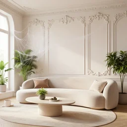 a modern indoor room, clean architecture, pastel colored, baroque, a couch, a couch table, some fresh plants, full of insanely detailed spiderweb, daylight, peaceful, 8 k, octane render