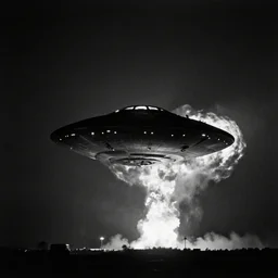 dark photo of an ufo in the skies, there is a nuclear explosion behind, black and white, pictorialism