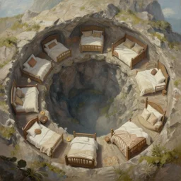 painting of a series of a ring of bedrooms carved inside a mountain viewed from below, cozy bed, well maintained, clean, medieval, fantasy genre, natural light, fantasy, natural light, sharp focus, concept art, by greg rutkowski and craig mullins, cozy atmospheric and cinematic lighting, trending on artstation