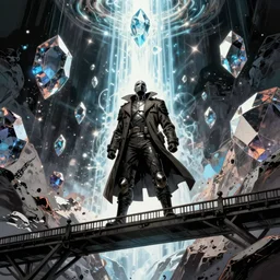 comic book art of a [ soldier ] in trenchcoat in armour on [ bridge ] above a [ crevasse ] [ giant gemstones ], looking up at a glowing beam of light crystal, [ low angle ], artstation illustration, ominous, arcane by tim doyle