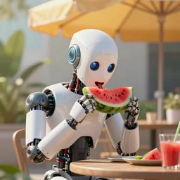 a robot eating watermelon under a sun umbrella on a summer day, sharp focus, extremely detailed, concept art, featured in artstation, digital art, cinematic lighting, art by michael winklemann, minna sundberg